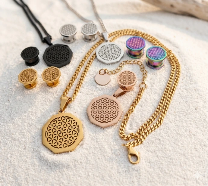 [FG-CHA-003] Pendentif  + Boucles d'oreilles - Fleur de vie Octogonal - inox (Doré)