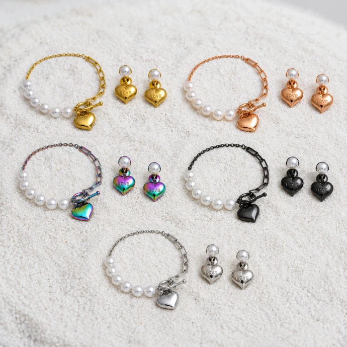 Bracelet & Boucles d'oreilles - Cœur & Perles (Doré)