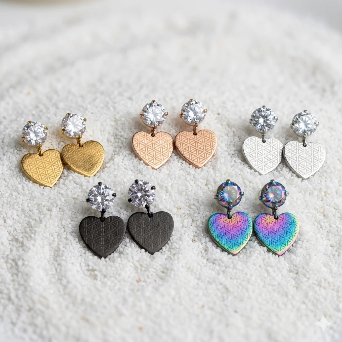 Boucles d'oreilles - Brillant et Coeur pendant (Doré)