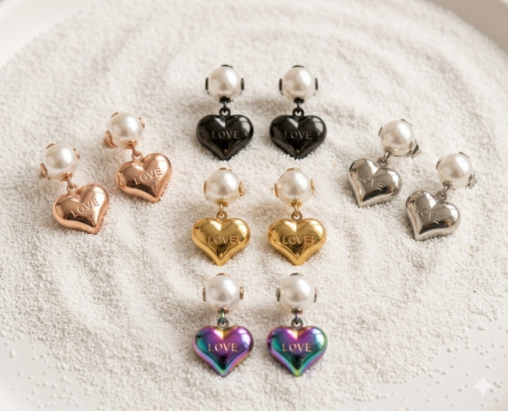Boucles d’oreilles - Perle & Cœur Pendant (Doré)